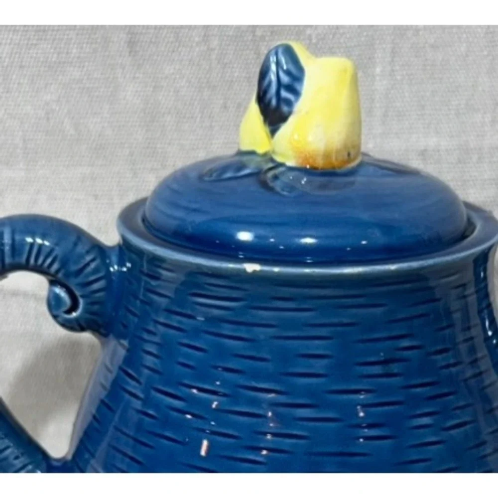 Vintage Cobalt Blue Ceramic Teapot Fruit Relief Apple Pear Made in Japan 7x8